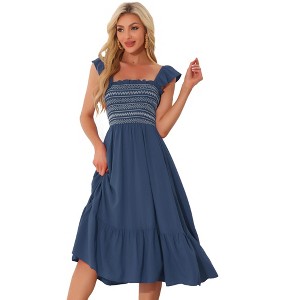 INSPIRE CHIC Women's Boho Square Neck Ruffle Trim Flowy Smocked Midi Sundresses - 1 of 4