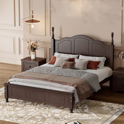 Full Size Platform Bed with Retro Headboard, Solid Wood Slats Support Bed Frame for Bedroom, Guest Room, No Box Spring Needed