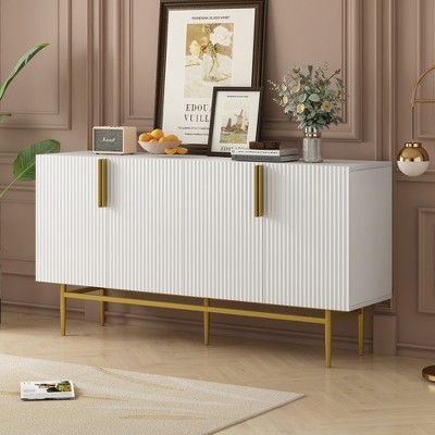 Modern 4-Door Sideboard with Gold Metal Handles & Legs, Adjustable Shelves, Wavy Stripe Design Buffet Cabinet for Living Room, Dining Room