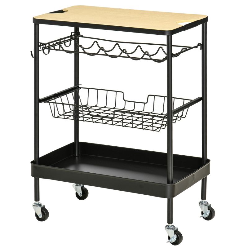 HOMCOM Rolling Kitchen Cart, 3-Tier Utility Storage Trolley with Wine Rack, Mesh Drawer and Side Hooks for Dining Room, Black/Natural, 4 of 7