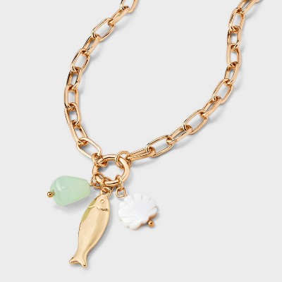 Fish and Stone Oval Link Chain Charm Pendant Necklace - A New Day™ Metallic Gold