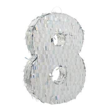 Blue Panda Small Silver Holographic Foil Number 8 Pinata for Kids 8th Birthday Party Decorations, 15.7 x 9 in