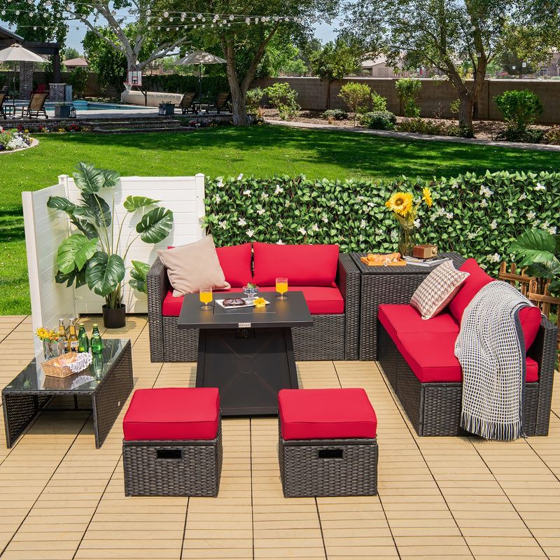 Costway 9PCS Patio Rattan Furniture Set Fire Pit Space-saving W/ Cushion cover, 2 of 11