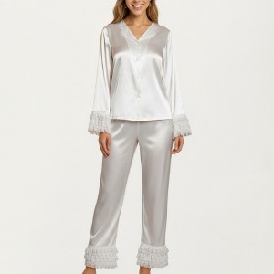 Anna-Kaci Lounge Women's Long Sleeve Pajama Set with Soft Button Front Top and Ruffled Cuff Trim Straight-Leg Pants - 1 of 4