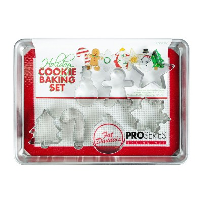 Fat Daddio's Anodized Aluminum Holiday Cookie and Baking Sheet set with 7 Christmas Themed Cutter Shapes and Silicone Baking Mat