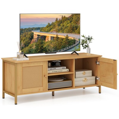 Tangkula Boho TV Stand for TV up to 55" w/ Faux Rattan Door Side Cabinet & Open Shelf