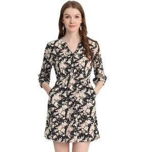 Allegra K Women's Button Front Floral Print Split Neck 3/4 Sleeves Mini Dresses - 1 of 4