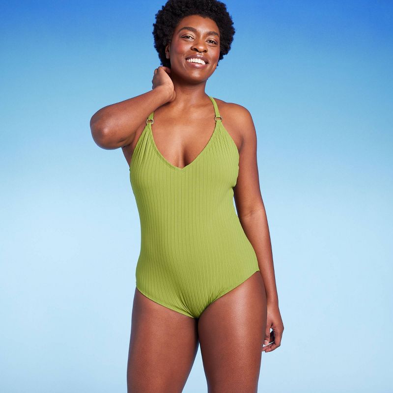 Women's Wide Ribbed Ring Medium Coverage One Piece Swimsuit - Kona Sol™ Green, 4 of 19