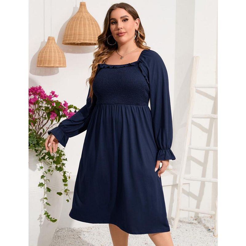 WhizMax Women's Plus Size Dress Ruffle Long Sleeve Square Neck Dress High Waist Smocked Tunic Dress A Line Midi Knee Length Dress, 3 of 8