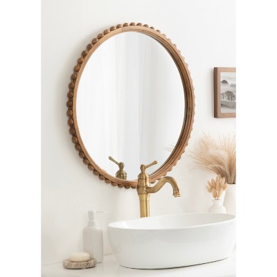 Rustic Brown Beaded Round Wood Wall Mirror, 24 Inch