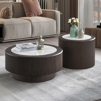 Sapphtopaz Modern Coffee Table with Faux Marble Pattern Stickers Round End Coffee Table Small Side Table for Living Room,Apartment,Dark Brown