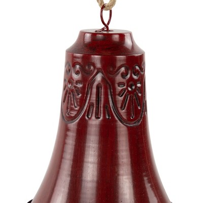 Burgundy Embossed Metal Christmas Bell Ornaments with Jute Rope - Set of 2