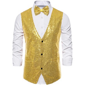 Lars Amadeus Men's Sequin Shiny Slim Fit Sleeveless Suit Waistcoat Set with Bow Tie - 1 of 4