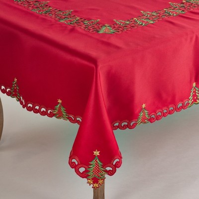 Red Christmas Tree Design Polyester Tablecloth with Gold Stars
