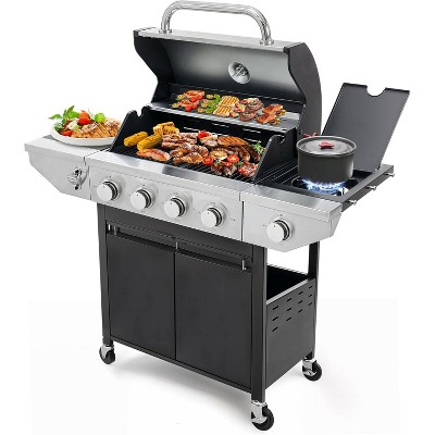 4-Burner Propane Gas Grill in Stainless Steel with Side Burner, Condiment Rack, and Built-in Thermometer for Outdoor BBQ