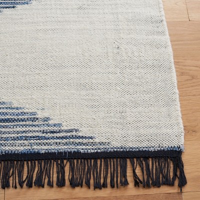 Ivory and Blue Handwoven Wool Cotton Kilim Area Rug