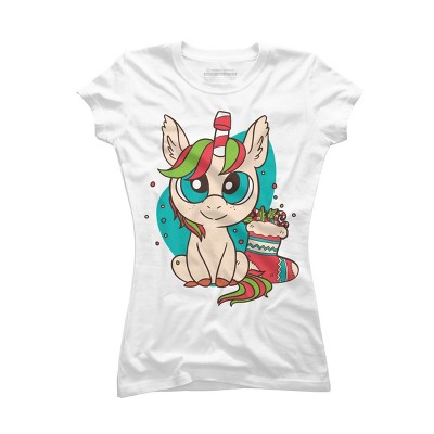 Junior's Design By Humans Christmas Candy Cane Unicorn With Stocking By rasok T-Shirt