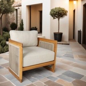 Moda Furnishings Acacia Wood Rope Weaving Patio Outdoor Single Sofa With Cream Cushions - 1 of 4
