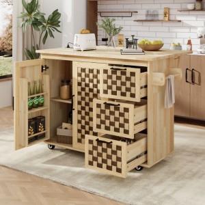 53.2" Checkerboard Island Kitchen with Drop Leaf, Mobile Storage Rack, Power Outlet, 3 Drawers, 2 Cabinets - 1 of 3