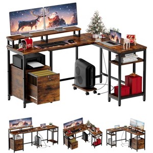 67" L Shaped Computer Desk with Drawers, Reversible Home Office Desk with Power Outlet, Adjustable Shelf and Mobile CPU Stand, Gaming Desk - 1 of 4