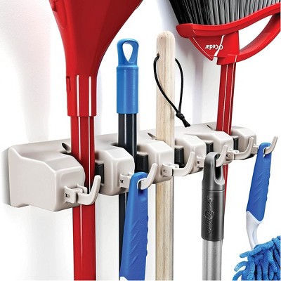 Broom and Mop Holder Rack - Garage Storage System - Garden Tool Organizer with 5 Slots, 6 Hooks, 7.5lbs Capacity Per Slot Off-White - Homeitusa