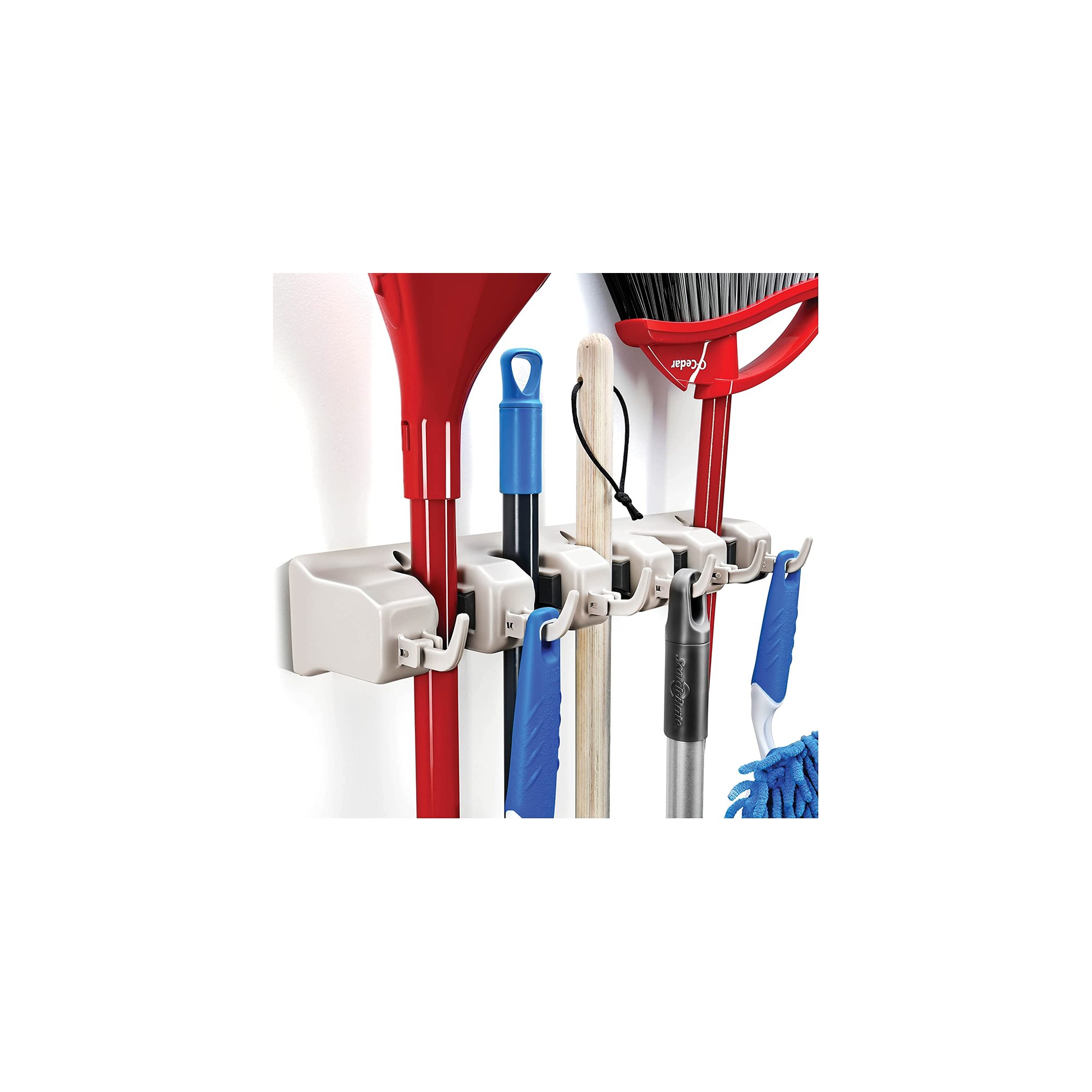 Broom and Mop Holder Rack - Garage Storage System - Garden Tool Organizer with 5 Slots, 6 Hooks, 7.5lbs Capacity Per Slot Off-White - Homeitusa