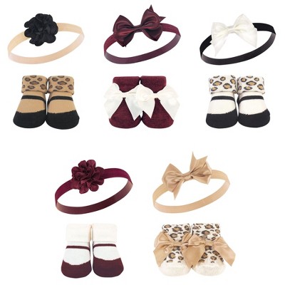 Hudson Baby Girl Headband and Socks Giftset, Burgundy Leopard, One Size