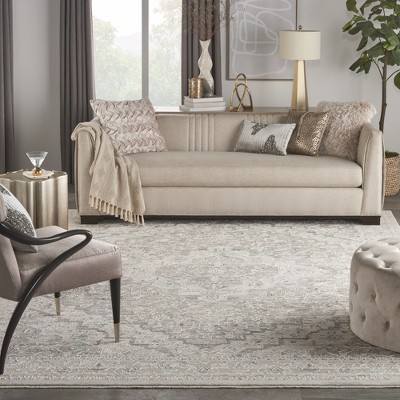 Ivory Taupe Floral Synthetic Round Washable Rug