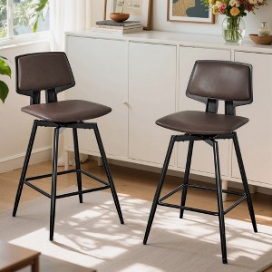 VECELO Counter Height Bar Stools Set of 2, Faux Leather Upholstered Barstools with Back Footrest and Metal Legs, Armless Bar Chairs, Brown/Gold - 1 of 4