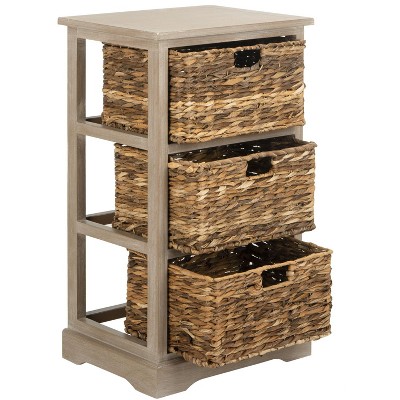 Transitional Brown Pine Wood Rectangular Side Table with 3 Wicker Baskets