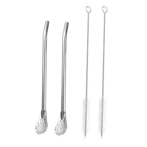Unique Bargains Stainless Steel Long Handle Round Shaped Drinking Spoon Straws with Cleaning Brushes 2 Pcs - 1 of 4
