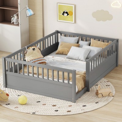 NicBex Twin/Full Kids Floor Toddler Bed Frame with Fence,Modern Toddler Platform Bed for Bedroom,Playroom,Kids Room