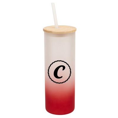 Elanze Designs C Monogram Letter Initial Rope Circle Wrap-Around Design 25 Ounce Frosted Gradient Glass On-The-Go Coffee Travel Skinny Tumbler Mug