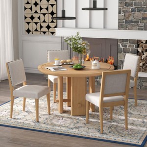 6.9" Round Brown Farmhouse Dining Table Set for 4 with Upholstered Chairs, Solid Wood Kitchen Table and Chairs for Small Spaces -3irtyhousy - 1 of 4