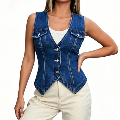 Женские жилеты YesFashion Women Sleeveless V Neck Denim Vest, Button Front Fitted Waistcoat with Flap Chest Pockets Casual Layering Jean Tank Outerwear Deep blue L — фото 3