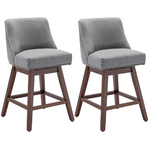 QingMoon Swivel Bar Stools Set of 2, 26'' Linen Fabric Counter Height Chairs with Solid Wood Legs and Rivet Trim Design for Kitchen Island, Pub - 1 of 4