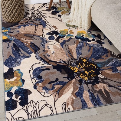 Cream Floral Non-Slip Synthetic 5' x 7' Area Rug