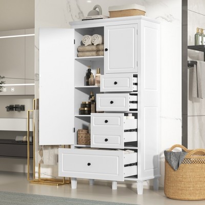 KWPZQEB 61.80" Bathroom Floor Storage Cabinet, Tall Storage Organizer with 2 Doors & Four Drawers of Different Sizes for Bathroom, Kitchen, White