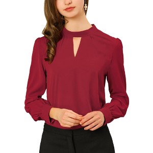 INSPIRE CHIC Women's Office Keyhole Elegant Stand Collar Long Sleeve Back Neck Button Blouse - 1 of 4
