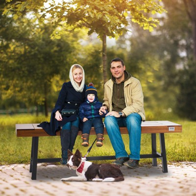 63-Inch Brown Wood and Black Metal Outdoor Bench