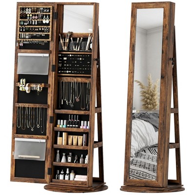HOMCOM Jewelry Cabinet, 360° Swivel Jewelry Armoire with Full-Length Mirror, Storage Shelves, Interior Small Mirror, for Bedroom Living Room, Brown
