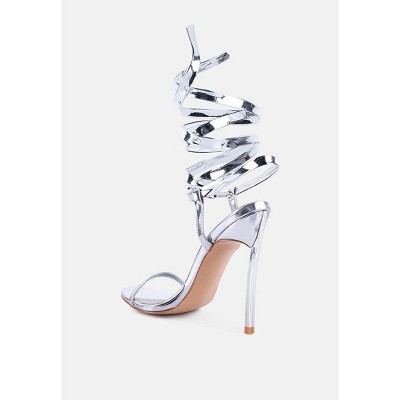 Silver Faux Leather Lace-Up Stiletto Heels