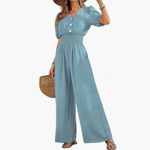 Women's V Neck Short Sleeve Wide Leg Romper, Dressy Casual Summer One Piece Jumpsuit  Outfit S,light blue : Target