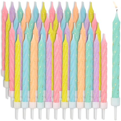 Blue Panda 48 Pack 6-Color Pastel Glitter Striped Birthday Cake Candles 3-Inch with Holders