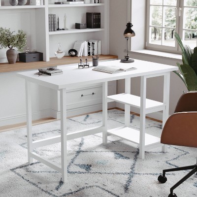 White Wood Grain Home Office Trestle Desk with Shelves