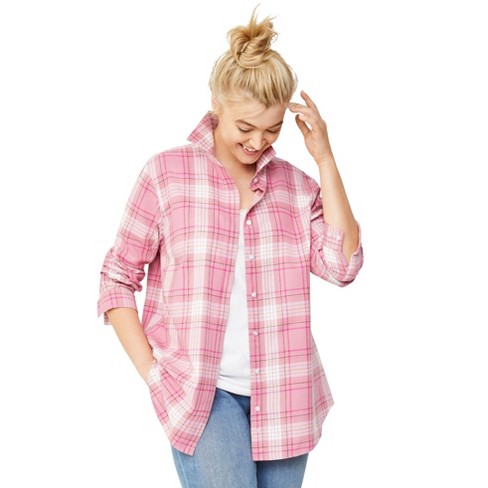 Ellos Women's Plus Size Plaid Flannel Shirt, S - Dusty Pink Plaid ...