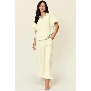 I am a Fashion Junky Double Take Full Size Texture Half Zip Short Sleeve Top and Pants Set - 1 of 4