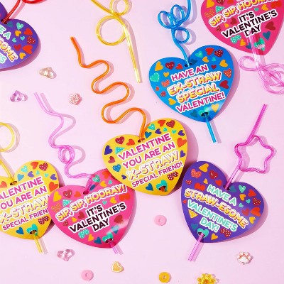Joyfy 28 Pack Valentine's Day Gift Set: Greeting Cards with Colorful Reusable Crazy Loop Straws | Fun Classroom Exchange Prizes