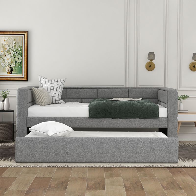 Twin Size Daybed with Trundle Bed and Padded Back, Gray-ModernLuxe, 2 of 11