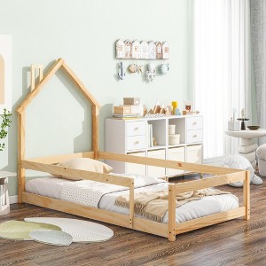 Twin Size Floor Bed, Wooden Platform Bed Frame with House-shaped Headboard and Fences -Frevyn - 1 of 4